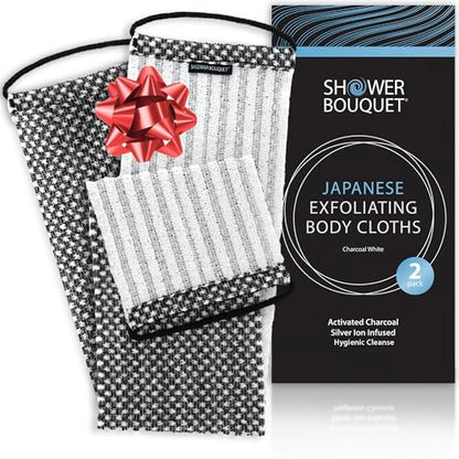 SHOWER BOUQUET Japanese-Exfoliating-Washcloth 2-Pack Charcoal & Silver Ion | Exfoliating Towel with Handles | Two-Sided Gentle Exfoliation & Deep Cleansing | Back & Body Wash Cloths for Shower | 2 White - color: 2 Charcoal White, size: 1 Count (Pack of 2)