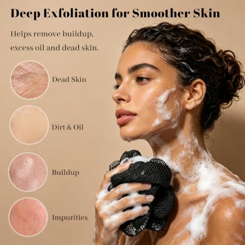 SPMKTBOZAI African Net Sponge Authentic, Exfoliating Net for Body Back | African Net Sponge with Knots| Long Stretch Net Sponge| African Net for Sensitive Skin| Durable & Quick Dry| Daily Use| Black - color: Black
