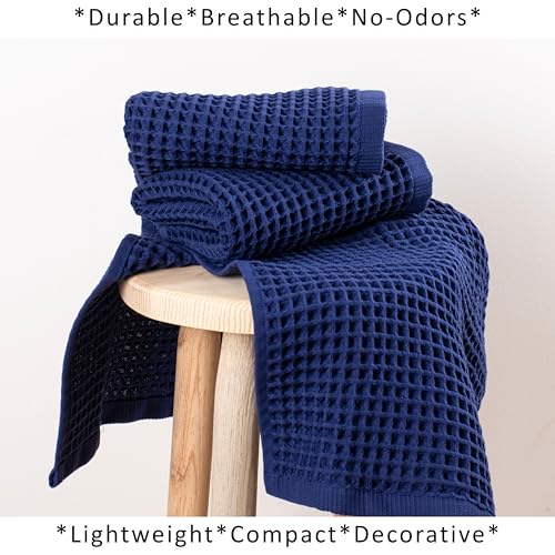 PÜSKÜL Natural 100% Turkish Cotton Waffle Hand and Kitchen Towels Set of 3 | Navy Blue, Large 32x16 inc, Honeycomb-Waffle weave towel for bathroom & kitchen. Premium quality oeko-tex made in Turkey. - color: Navy Blue, size: Kitchen & Hand Towels Pack of