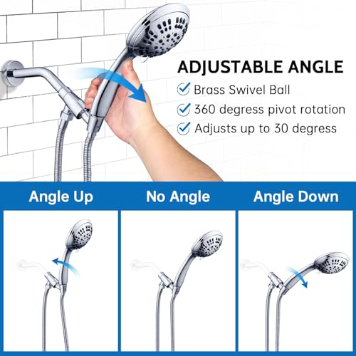 G-Promise Shower Head with Metal Shower Holder and Long Hose | High Pressure, Solid Brass Holder, 6 Spray Settings, 70" to 75" Stainless Steel Hose, Adjustable Angle, Easy DIY - color: Chrome