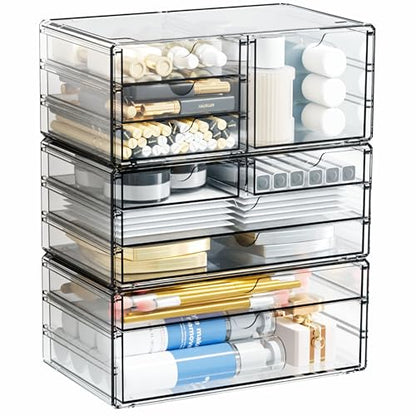 3 Pack Clear Storage Drawers With 10 Drawers,Stackable 11.1” Large Acrylic Drawer Organizer and Makeup Organizer For Vanity,Bathroom Countertop,Cabinet,Pantry,Office Supply Storage Bins Drawers - size: Large 10 Drawers
