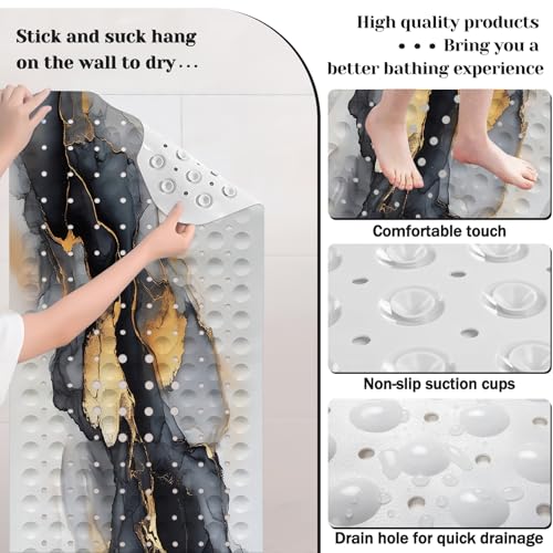 Marble Bath Tub Mat Non Slip, Black White Gold Marble Non Slip Bath Mat for Shower, Large Washable Shower mats for Showers with Drain Holes and Suction Cups,40 X 16 Inch - color: Black White Gold Marble