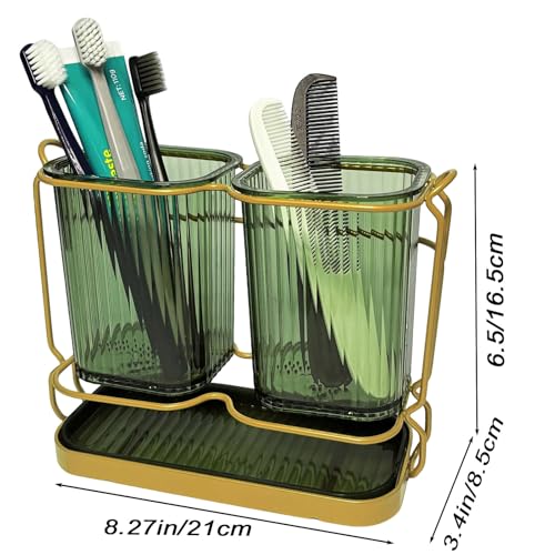 Green Toothbrush Holders for Bathrooms, 2 Cups Toothbrush Holders Wall Mounted, Bathroom Organizers and Storage, Bathroom Toothbrush Holder Set for Toothpaste Razors Toothbrush