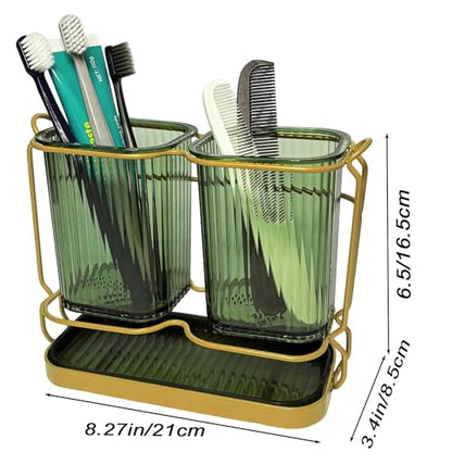 Green Toothbrush Holders for Bathrooms, 2 Cups Toothbrush Holders Wall Mounted, Bathroom Organizers and Storage, Bathroom Toothbrush Holder Set for Toothpaste Razors Toothbrush