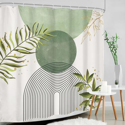 Sage Green Boho Abstract Bohemian Leaves Olive Bathroom Shower Curtain Set | Dark Botanical look; 72"W x 72"L. waterproof HD print, quick-dry fabric and free hooks for easy setup. - color: A-02sage Green, size: 72"W x 72"L (Pack of 1)