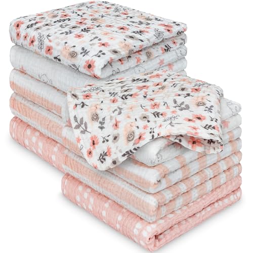 10pk Muslin Baby Washcloths for Newborn, 12x12 Soft Absorbent (Sweet Charm) | Organic Cotton Muslin Wash Cloths for Babies Girl, Boy, Infant, Toddlers, Kids Face Towel,Bath Essentials,Baby Burp Rags - color: Sweet Charm, size: 10-Pack