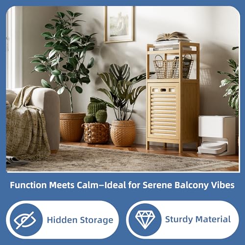 HITNET Tilt Out Laundry Hamper, Bamboo Laundry Basket with Foldable Bag and 2 Open Shelves, Freestanding Clothes Storage Organizer for Bedroom, Bathroom, Living Room, Natural - color: Natural