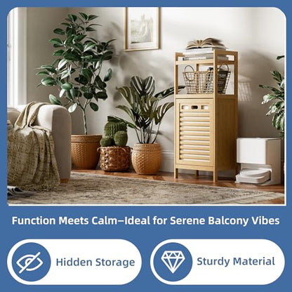 HITNET Tilt Out Laundry Hamper, Bamboo Laundry Basket with Foldable Bag and 2 Open Shelves, Freestanding Clothes Storage Organizer for Bedroom, Bathroom, Living Room, Natural - color: Natural