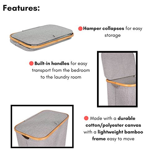 BirdRock Home Bamboo & Canvas Hamper | Single Laundry Basket with Lid | Foldable Hamper | Cut Out Handles