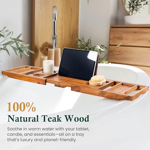 Teak Bathtub Tray Caddy, Adjustable Wood Bath Organizer | Natural Teak Wood Finish, Built-In Wine Holder, Tablet & Book Stand, Water-Resistant Seal, Fits Most Tubs - color: Classic Teak Finish