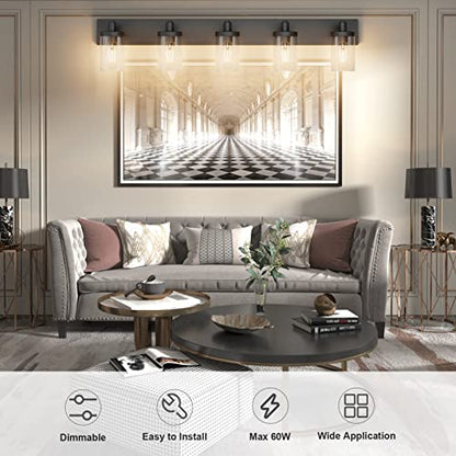 Aipsun Matte Black Bathroom Vanity Light Fixtures 5 Lights Industrial Lighting Fixtures Over Mirror with Clear Glass Shade(Exclude Bulb) - color: Black, size: 5-Light