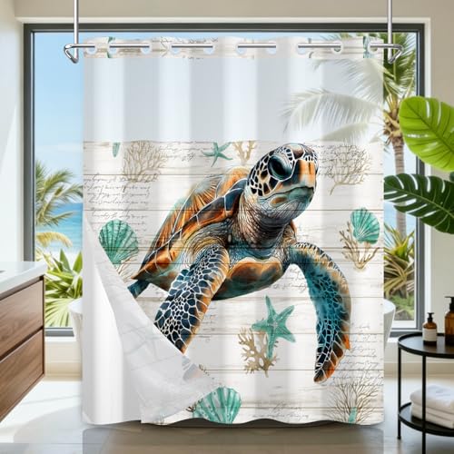 Ocean No Hook Shower Curtain and Snap in Liner Set, Wood Grain Turtle Shower Curtain with Liner and Weighted Hem, 71x74 Inch Heavy Duty Waterproof Fabric Sheer Top Window Shower Curtain for Bathroom - color: Giant Turtle