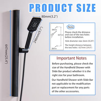 Matte Black Hand Shower with Slide Bar, 3-Function High Pressure Handheld Shower Head with Slide Bar, Stainless Steel Adjustable Height 25" Long Slide Bar Combo Shower Faucet, Wall Mount