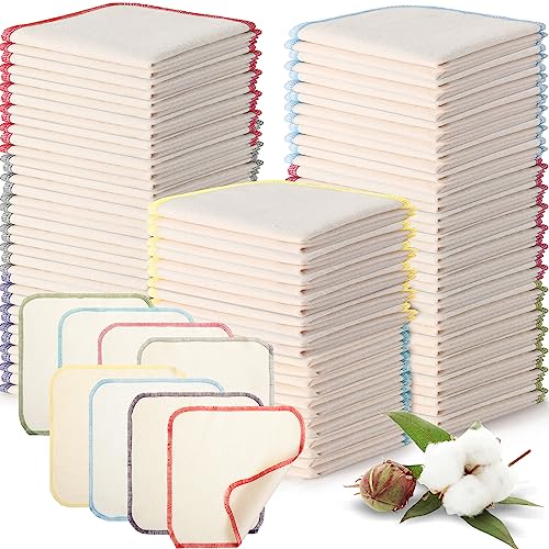 Mixweer 96 Pcs Flannel Cloth Baby Wipes Reusable Baby Diapers Wipes Washable Natural Unbleached Face Wipes Soft and Sturdy Cloth Wipes 8 Colors Outer Stitching 8 x 8 Inches