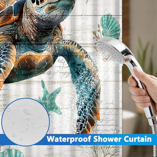 Ocean No Hook Shower Curtain and Snap in Liner Set, Wood Grain Turtle Shower Curtain with Liner and Weighted Hem, 71x74 Inch Heavy Duty Waterproof Fabric Sheer Top Window Shower Curtain for Bathroom - color: Giant Turtle