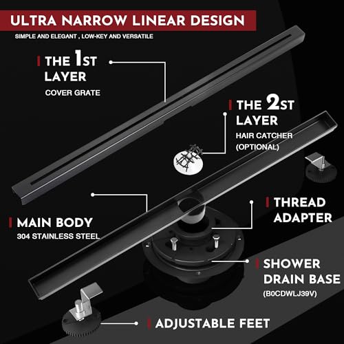 24 Inch Ultra Narrow Linear Shower Drain, Matte Black Extra Slim Shower Drain, 304 Stainless Steel, Easy to Install and Clean for Bathrooms (Drain Base Not Included), LSDE8-31A-24B - color: Matte Black, size: 24 Inch