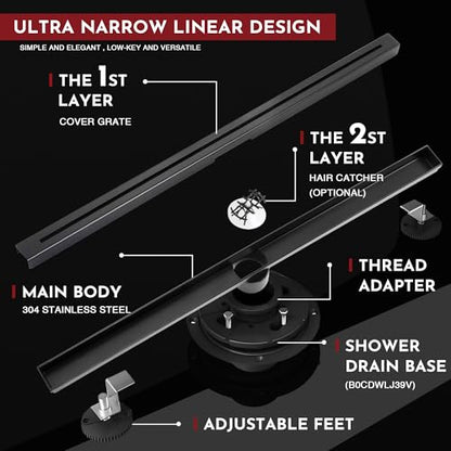28 Inch Ultra Narrow Linear Shower Drain, Matte Black Extra Slim Shower Drain, 304 Stainless Steel, Easy to Install and Clean for Bathrooms (Drain Base Not Included),LSDE8-31A-28B - color: Matte Black, size: 28 Inch