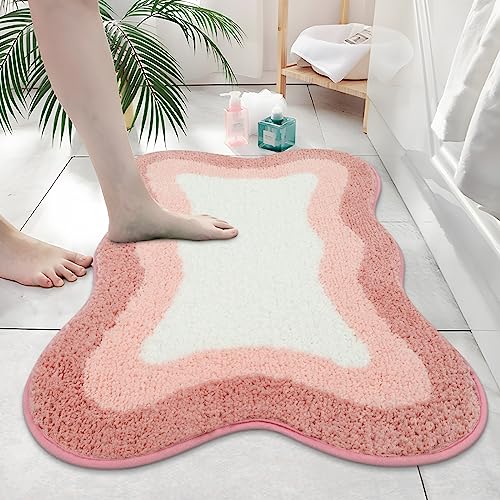 HAOCOO Pink Bathroom Rugs Non Slip 20X31 inch, Ultra Soft Absorbent Irregular Shape Bath Rug, Microfiber Washable Non-Slip Bathmat Boho Decor for Bedroom Bathroom Floor Tub Shower - color: Pink, size: 20x31 inch (Irregular)
