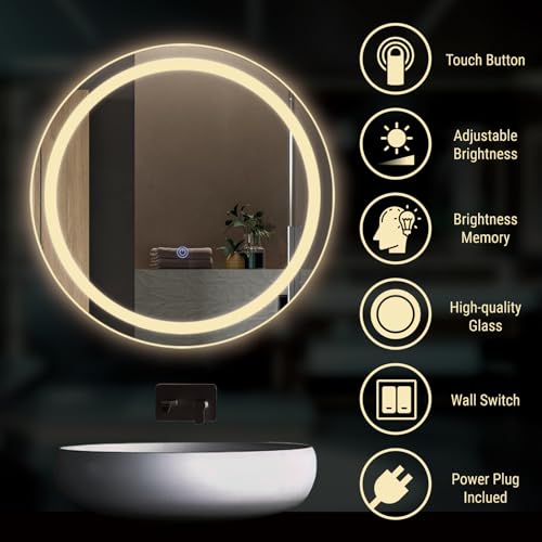 KOSTA 20 Inch Round LED Bathroom Vanity Mirror with Lights Dimmable Memory Function Touch Button Shatter-Proof Wall Mount Lighted Mirror - size: 20"L x 20"W
