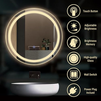 KOSTA 20 Inch Round LED Bathroom Vanity Mirror with Lights Dimmable Memory Function Touch Button Shatter-Proof Wall Mount Lighted Mirror - size: 20"L x 20"W