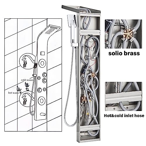 AlenArt Shower Panel LED Shower Tower System with Rainfall Waterfall Shower Head, 4 Body Massage Jets,Hand Shower Sprayer and Tub Spout Stainless Steel, Brushed Nickel - color: Brushed Nickel