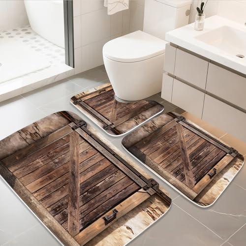 Bathroom Mat Set Farmhouse Vintage Western Rustic Bathroom Rugs Sets 3 Piece Abstract Aesthetic Unique Wooden, Memory Foam Bath Rugs, U-Shaped Toilet Rug Non Slip Absorbent Brown - color: Color2