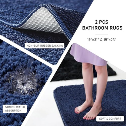 XLHOMO Bathroom Sets with Shower Curtain and Rugs Bathroom Accessories Set Navy Blue Bathroom Set,Soap Dispenser & Toilet Brush Holder Set with Stainless Steel Trash Can - size: Navy blue, style: Bath Set+Shower Curtain+Bath Rugs