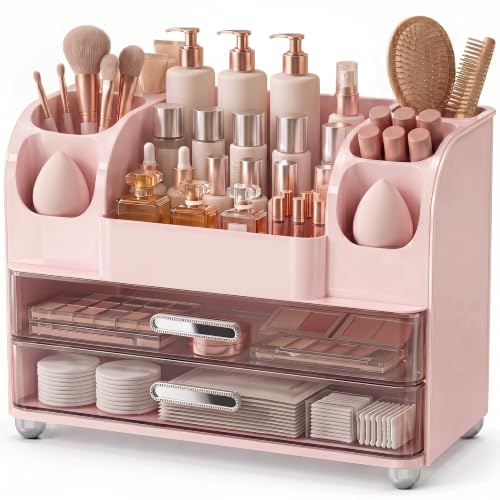 Large Makeup Organizer Countertop for Vanity Skincare Organizers | Waterproof Perfumes Organizers with 2 Drawers and Brushes Holders, Cosmetic Storage for Lipsticks,Eyeshadow Palettes, Pink - color: Pink
