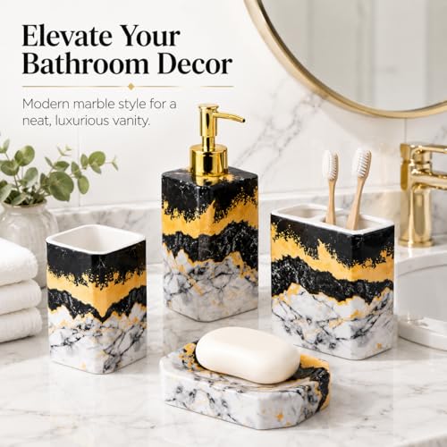 4 Piece Bathroom Accessories Set - Black and White Includes Lotion Dispenser, Toothbrush Holder Tumbler, and Soap Dish - Glossy Finish (Marble, Black, and White) - color: Black, and White