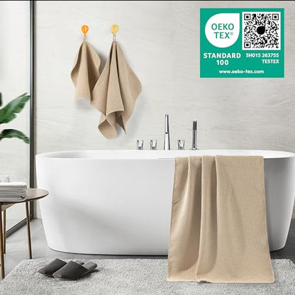 POLYTE 430 GSM Poly Blend Microfiber Quick Dry Waffle Bath Towel Set of 6 | 2-Body Towels, 2-Hand Towels, 2-Wash cloths, Oversize, Lint Free - color: Beige