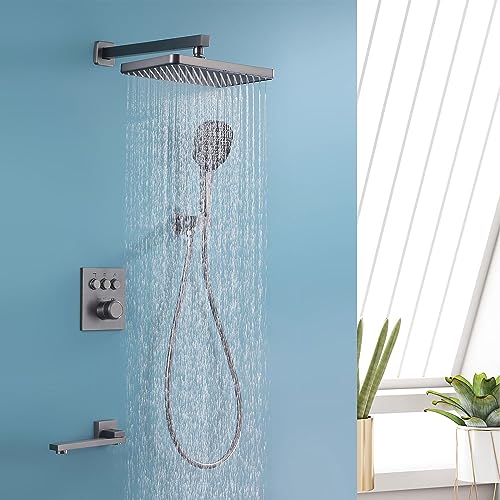 Thermostatic Shower Set, 30x20cm Square Shower System Concealed, Wall-mounted Shower Faucet Set, 3 Mode Hand Shower, with 180° Foldable Bathtub Mixer, Brass Body, Anti-rust, Durable (Gun Gray)