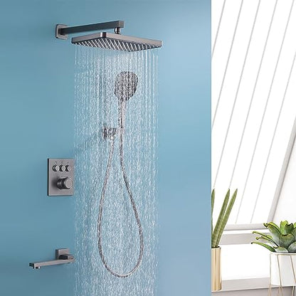 Thermostatic Shower Set, 30x20cm Square Shower System Concealed, Wall-mounted Shower Faucet Set, 3 Mode Hand Shower, with 180° Foldable Bathtub Mixer, Brass Body, Anti-rust, Durable (Gun Gray)