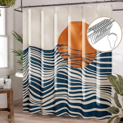 AmazerBath Boho Shower Curtain, 72x72 Washable Cloth Navy Sea and Sunset Shower Curtain with 12 Hooks, Fabric Rustic Shower Curtain Set, Farmhouse Modern Tan Shower Curtains for Bathroom Camper RV - color: B- Art Sunset+12 Metal Hooks, size: 72"W x 72"L (