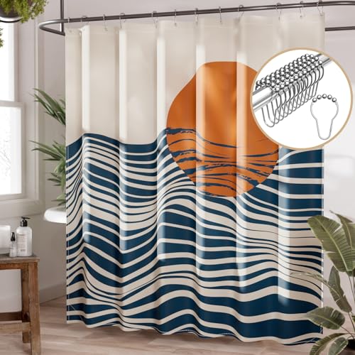 AmazerBath Boho Shower Curtain, 72x72 Washable Cloth Navy Sea and Sunset Shower Curtain with 12 Hooks, Fabric Rustic Shower Curtain Set, Farmhouse Modern Tan Shower Curtains for Bathroom Camper RV - color: B- Art Sunset+12 Metal Hooks, size: 72"W x 72"L (