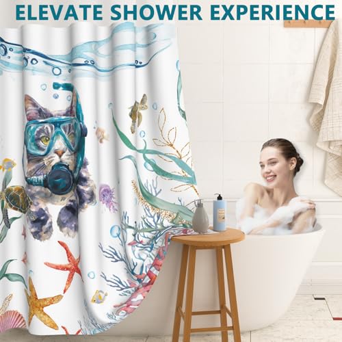Ocean No Hook Cat Funny Shower Curtain, Waterproof Kids Shower Curtain with Snap in Liner and Mesh Top Window, Funny Shower Curtains for Bathroom, Cute Diving Cat Nautical Bath Curtain, 71x74 Inches - color: Scuba Diving Cat