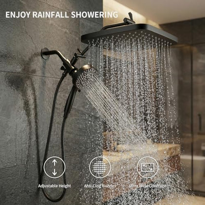 High Pressure Shower Head with Handheld, Upgrade Rain Shower Heads with Fixed Showerhead Combo, 10 Sprays Handheld Shower Head Built in Power Jets, 71" Long Hose, Matt Black - color: Black