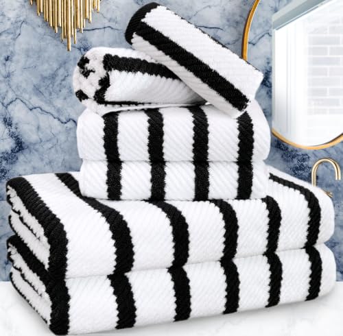 VOOVA & MOVAS 6PC Towel Set, 100% Cotton, Black White | 2 Large Bath Towels 30x56 In, 2 Hand Towels 18x28 In, 2 Washcloths 13x13 In, Quick Dry, Thick, Soft, College Dorm Towels - color: Black + White, size: 6 PC Bathroom Towel Set