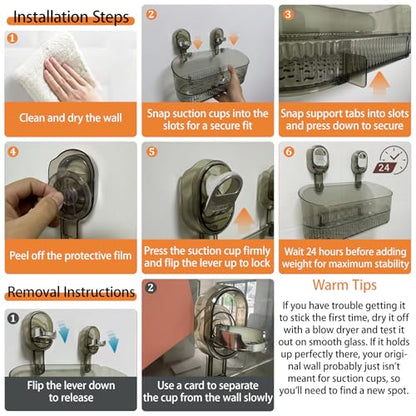 AVOKIHI Suction Cup Shower Caddy,No Drill Traceless Adhesive Shower Shelf for Inside Shower, Waterproof Bathroom Shower Storage Basket(Grey)