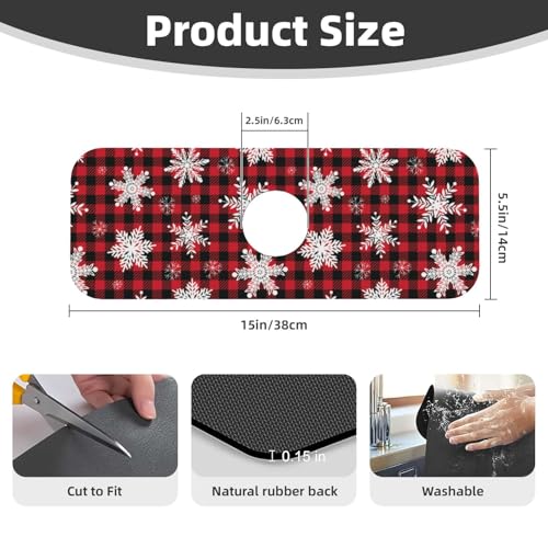 Snowflake Christmas Red Buffalo Plaid Kitchen Sink Splash Guard Faucet Mat Super Absorbent Fast Drying Mat Sink Gadgets-Fast Drying Pad Sink Mat For Kitchen Bathroom (15" X 5.5" ) - color: Snowflake Christmas Red Buffalo Plaid