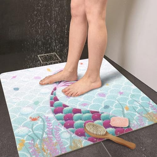 Square Shower Mats for Inside Shower, Mermaid Non Slip Bath Mat Quick Drying Bathmat Easy Cleaning Cute Shower Matt for Kids Bathroom Floor, Textured Surface Shower Foot Scrubber Mat, 24″X24″ - color: D03