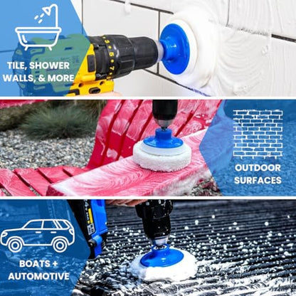 RotoScrub 7 Pack Drill Brush Set for Deep Cleaning, Scratch Resistant, Bathroom, Oven, Countertops, Sinks, Soap Scum, Tile, Boats, Patio Furniture & More | 6 reusable non-scratch white nylon pads for showers, tubs, tile, grout, sinks and counters; fits dr