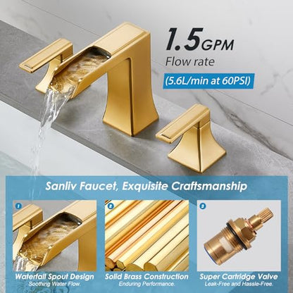 Brushed Gold Waterfall Bathroom Faucet, Sanliv 2-Handle Widespread Bathroom Faucet for 3-Hole Sinks 4-8 inch, Modern Vanity Faucets with Pop Up Drain, Champagne Bronze - color: Brushed Gold