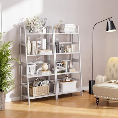 HITNET Ladder Shelf, 4 Tier Bookshelf, Floor Standing Bathroom Storage Rack with Bamboo Frame, Home Office Open Display Bookcase, White - color: White