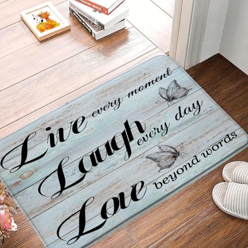 Live Laugh Love Bath Mat Rustic Teal Wooden Board Butterflies Inspirational Quotes Positive Motto Phrase Bathroom Kitchen Toilet Rugs,16x24 Inch - size: 1'4" x 2' (Rectangular)