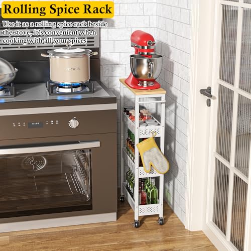 OKZEST Slim Laundry Room Organization Cart with Upgraded Metal Hub Casters | Fits between washer & dryer, 4-Tier space-saving narrow rolling cart, Premium wood top & metal mesh shelf, with handle & hook - color: White, size: 7.1 Inch Wide