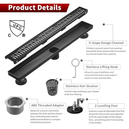 Sharp-tec Linear Shower Drain, 36 inch Shower Drain with Removable Pattern Cover, Matte Black 304 Stainless Steel Rectangle Floor Drain, Adjustable Feet and Hair Strainer Included - color: Matte Black, size: 36 inch