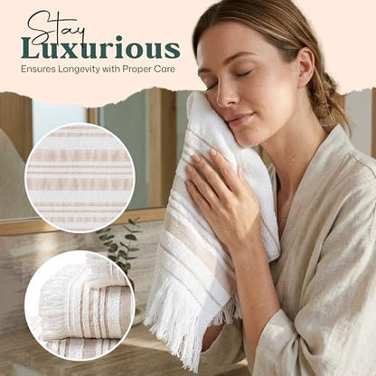 Chakra Derin 40% Rayon Derived from Bamboo 60% Turkish Cotton Bath Towels Set, 3-Piece Luxury 13"x13" Washcloth, 20''x30'' Hand & 30"x56" Bath Towel Set for Bathroom, White/Beige - color: White/Beige - Derin, size: 3-Piece Set - (13"x13", 20''x30'', 30"x5