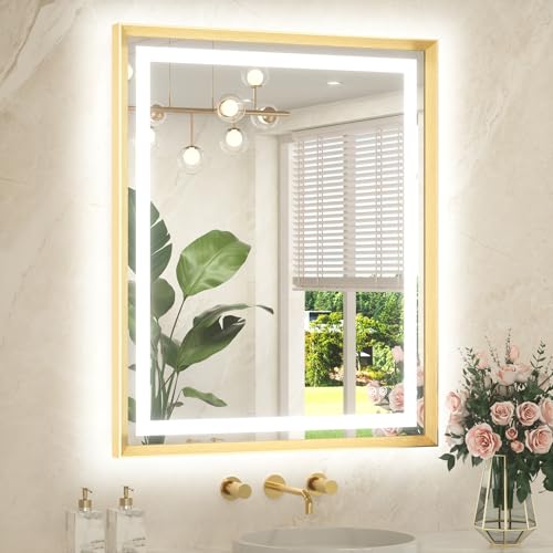 Led Bathroom Mirror 30 x 36 with Brushed Gold Frame Anti-Fog Frontlit & Backlit Vanity Mirror Stepless Dimmable Lighted Mirrors for Bathroom Wall 3 Colors White/Warm/Natural Wall-Mounted - color: Brushed Gold, size: 36"L x 30"W