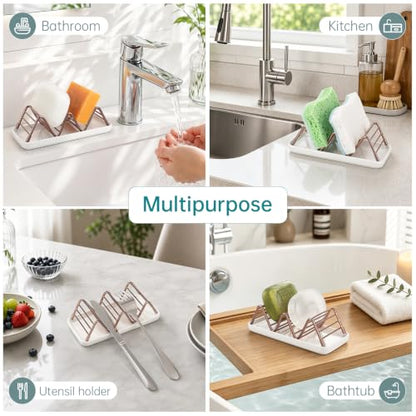 Stainless Steel Soap Dish Draining Soap Holder with Ceramic Tray, Rose Gold | Reversible Design Fits 2-3 Bars, Rustproof, Easy to Clean, Space Saving, Non Slip, for Bathroom, Shower, Kitchen - color: Rose Gold, size: 6.3" x 3.0"(with tray)