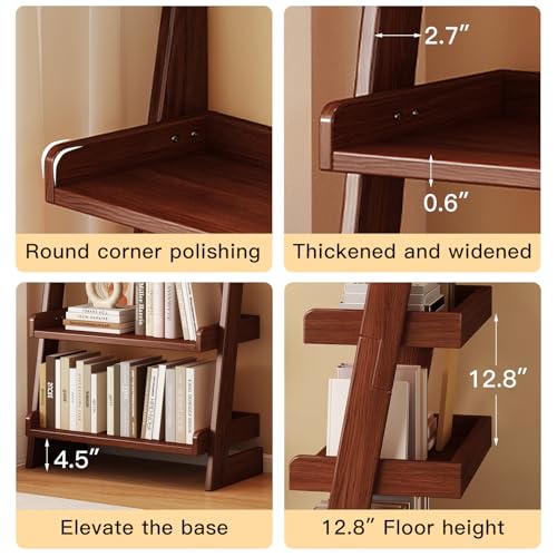 5 Tier Ladder Shelf, Leaning Bookshelf with Wood Frame, 5 Shelf Tall Bookcase Standing Storage Organizer Solid Wood Storage Shelves for Living Room, Bedroom, Home Office (Walnut)
